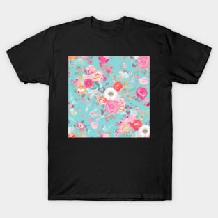 Pink and Blue Shabby Chic  Floral Flowers, Pretty Feminine Pattern on Blue Background T-Shirt